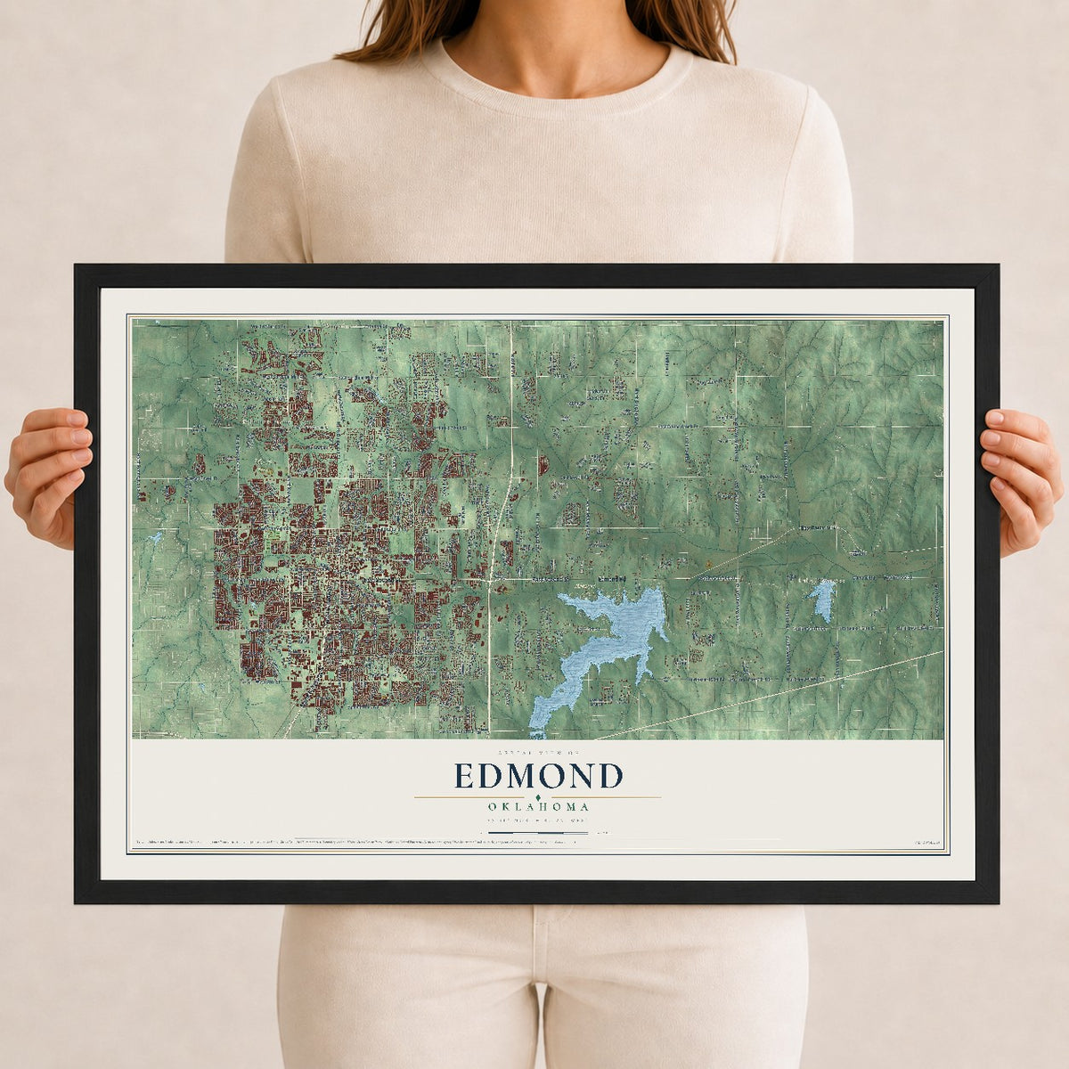 Map of Edmond, Oklahoma, 12 x 18 inch print in a black wood frame