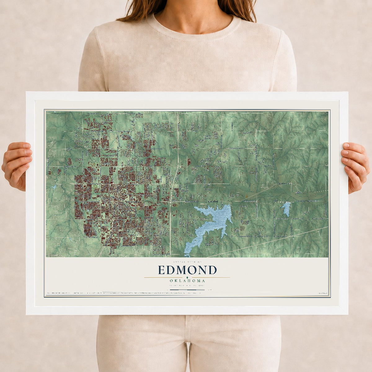 Map of Edmond, Oklahoma, 12 x 18 inch print in a white wood frame