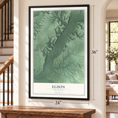 Eldon, Oklahoma map, 24 x 36 inch print in a black frame by a staircase