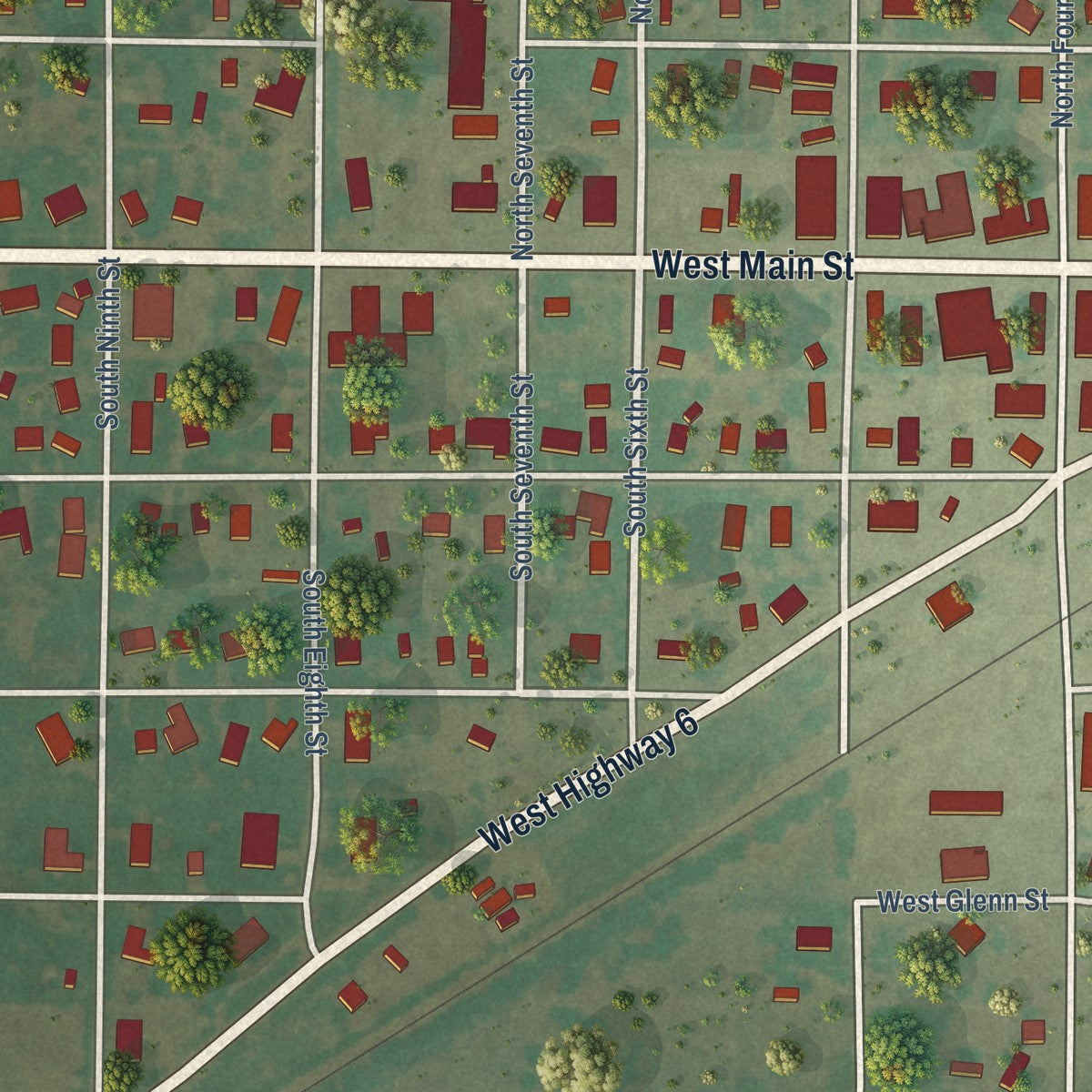 Close-up of the map of Eldorado, Oklahoma print showing street and building detail