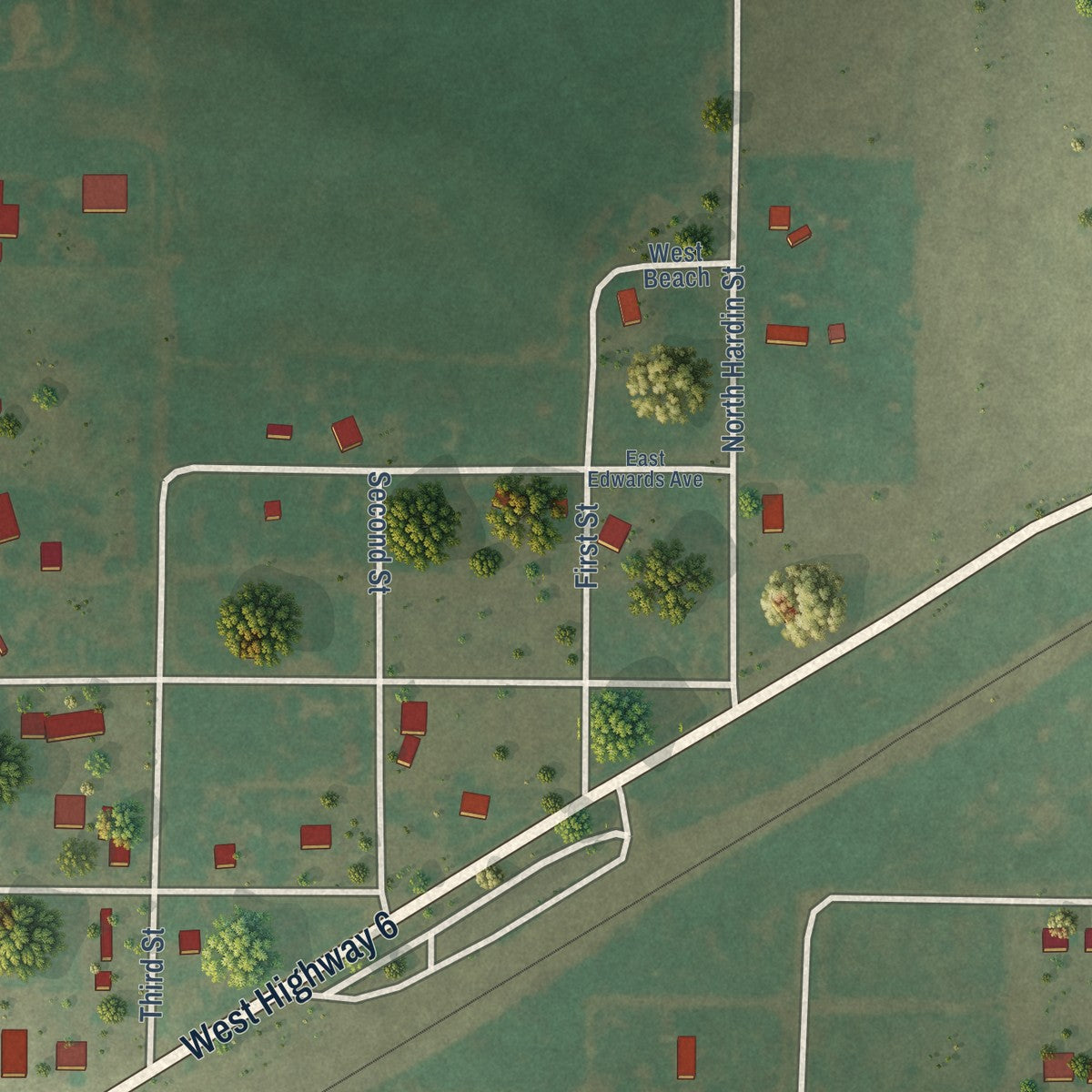 Second close-up of the map of Eldorado, Oklahoma print showing more streets and buildings