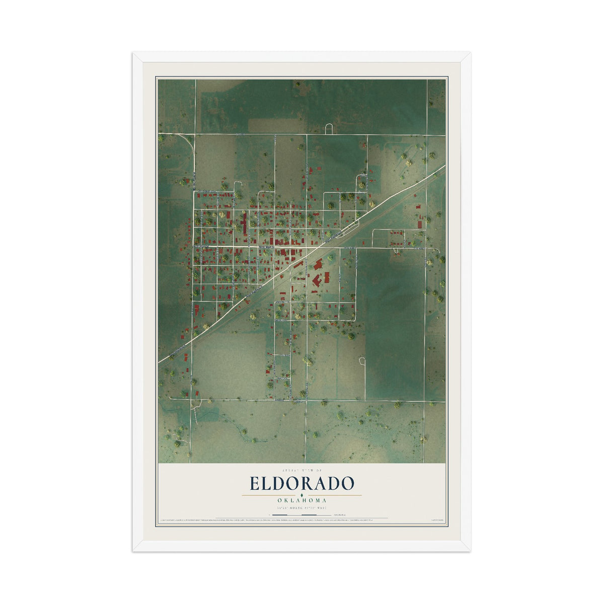Map of Eldorado, Oklahoma, 12 x 18 inch print in a white wood frame