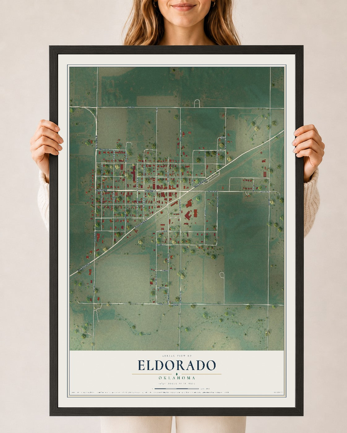 Map of Eldorado, Oklahoma, 24 x 36 inch print in a black wood frame