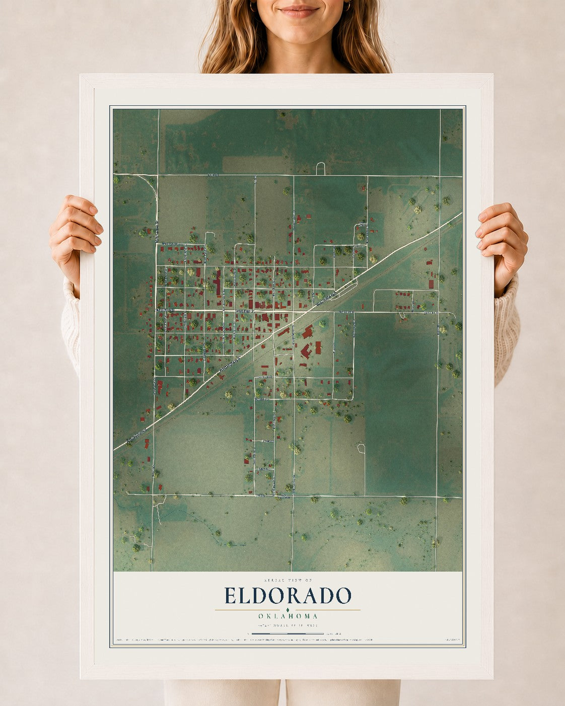 Map of Eldorado, Oklahoma, 24 x 36 inch print in a white wood frame