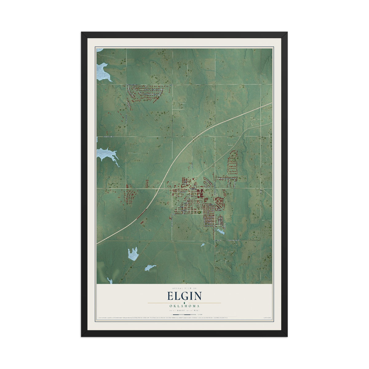 Map of Elgin, Oklahoma, 12 x 18 inch print in a black wood frame
