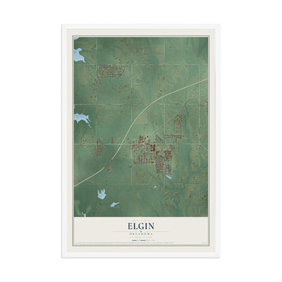 Map of Elgin, Oklahoma, 12 x 18 inch print in a white wood frame