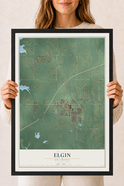 Map of Elgin, Oklahoma, 18 x 24 inch print in a black wood frame