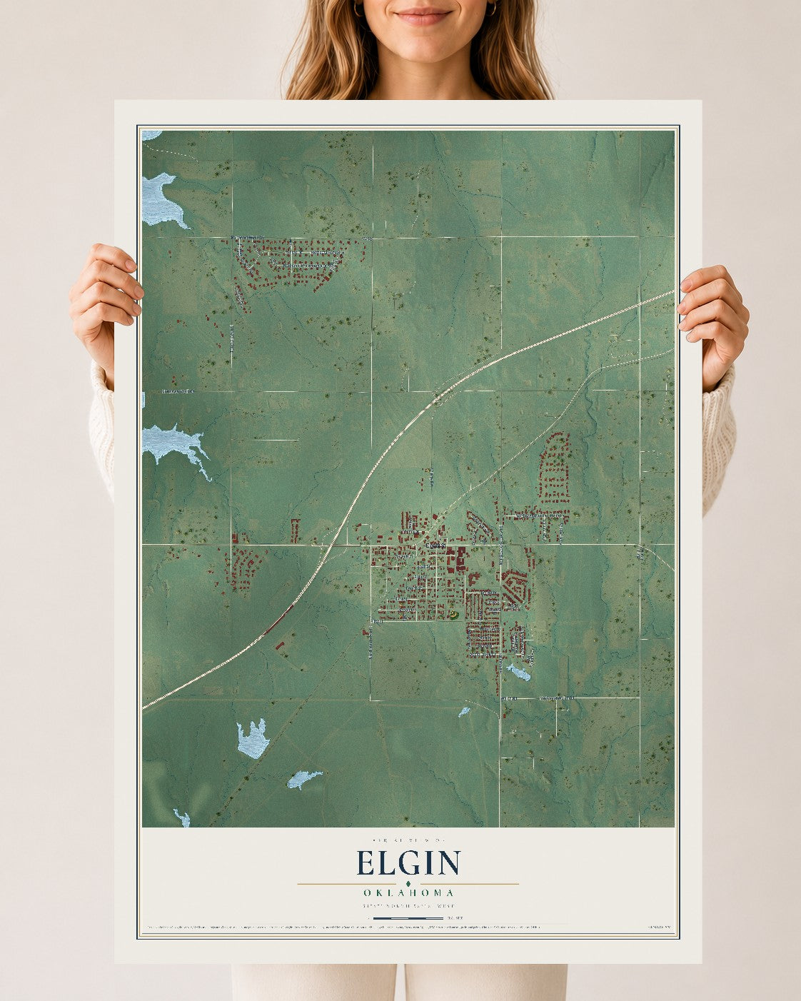 Map of Elgin, Oklahoma, 24 x 36 inch unframed archival matte print