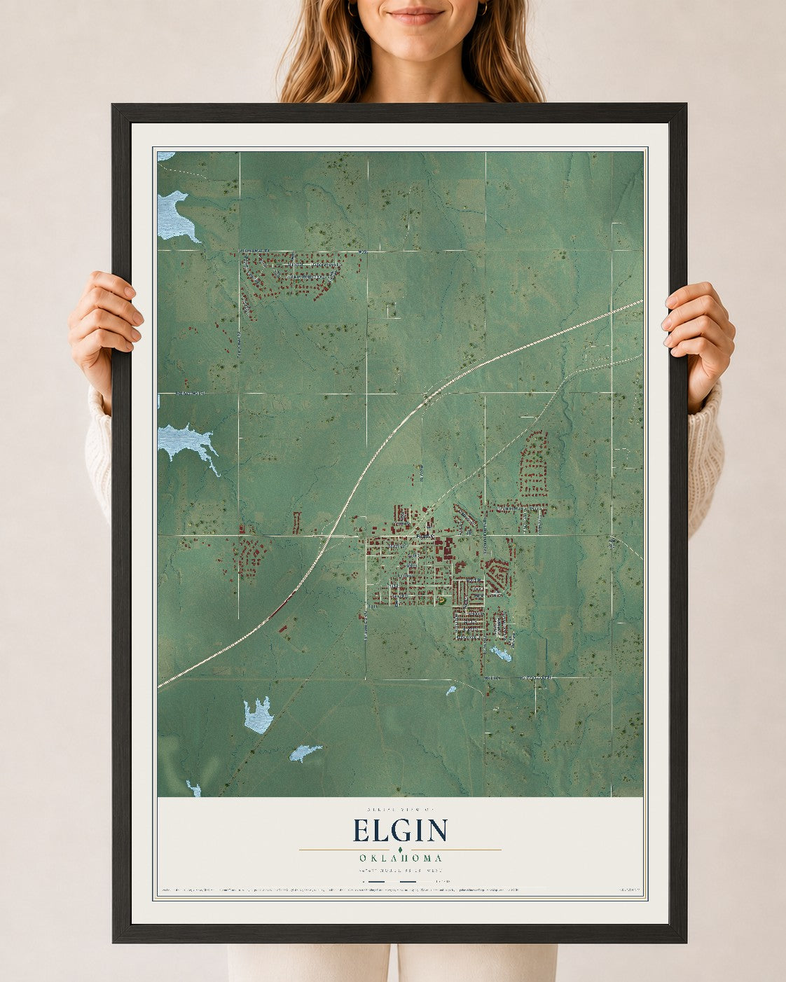 Map of Elgin, Oklahoma, 24 x 36 inch print in a black wood frame