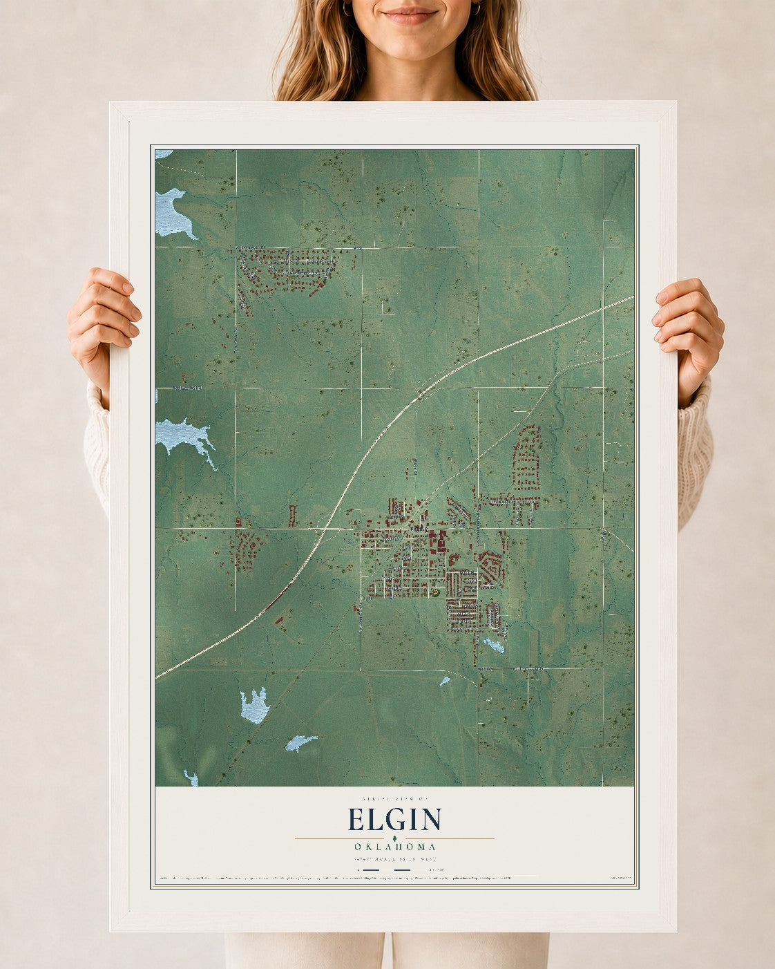 Map of Elgin, Oklahoma, 24 x 36 inch print in a white wood frame