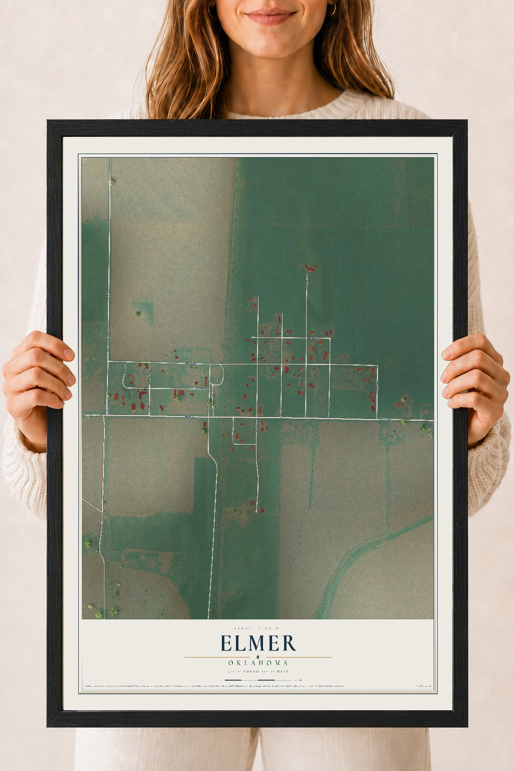 Map of Elmer, Oklahoma, 18 x 24 inch print in a black wood frame