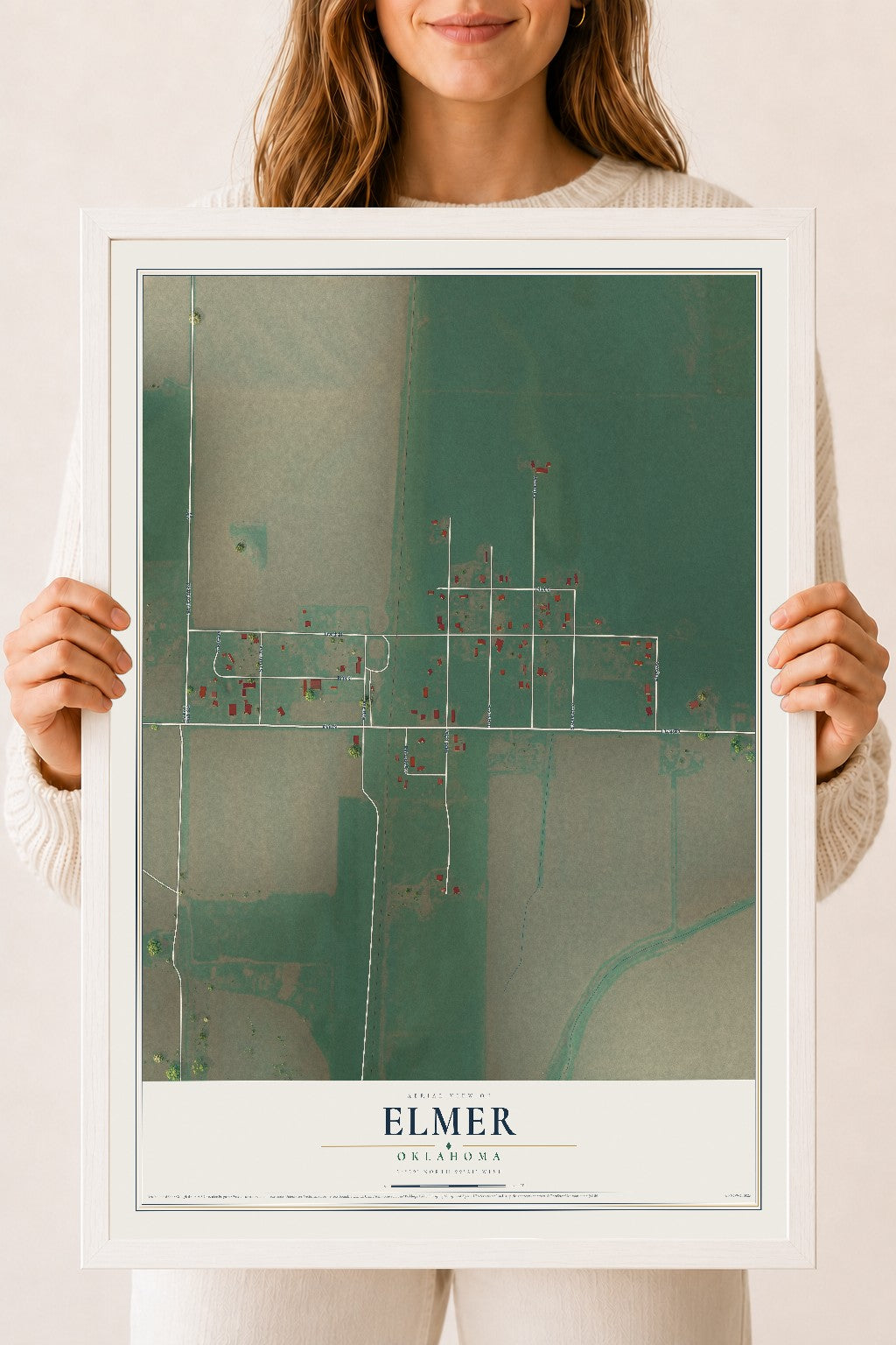 Map of Elmer, Oklahoma, 18 x 24 inch print in a white wood frame