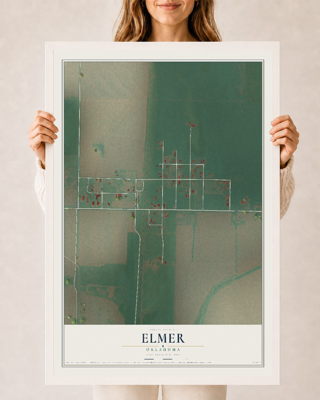 Map of Elmer, Oklahoma, 24 x 36 inch print in a white wood frame