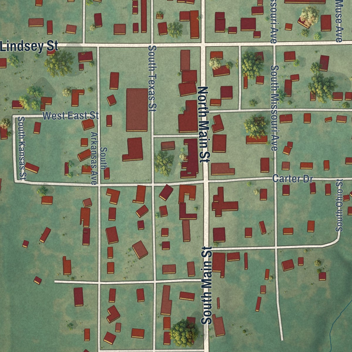 Close-up of the map of Elmore City, Oklahoma print showing street and building detail