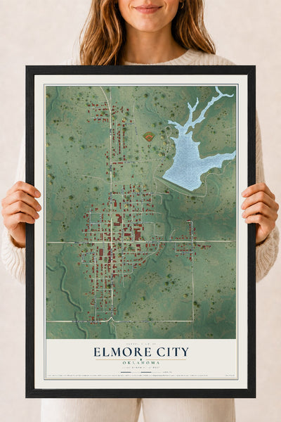 Map of Elmore City, Oklahoma, 18 x 24 inch print in a black wood frame