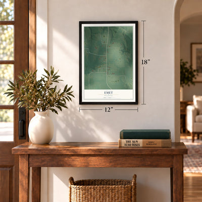 Emet, Oklahoma map, 12 x 18 inch print in a black frame in an entryway