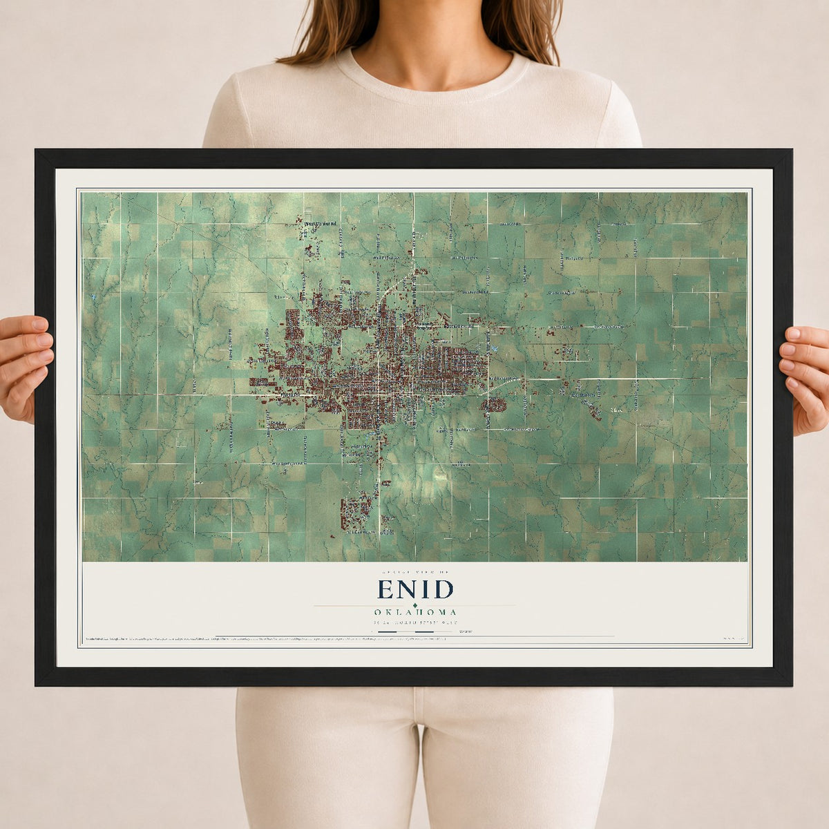 Map of Enid, Oklahoma, 18 x 24 inch print in a black wood frame
