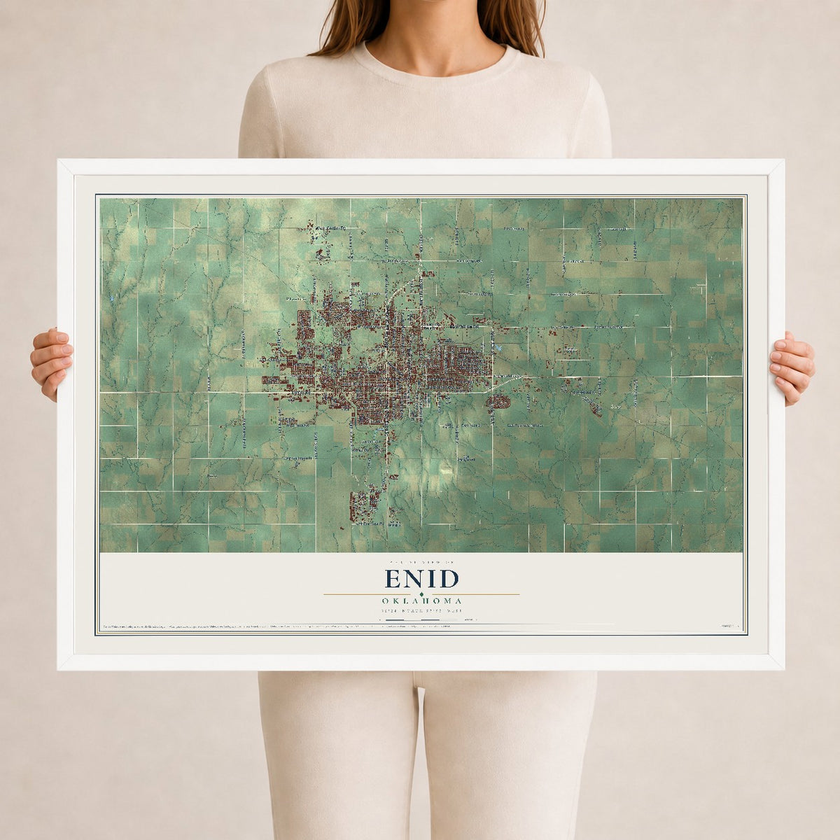Map of Enid, Oklahoma, 24 x 36 inch print in a white wood frame