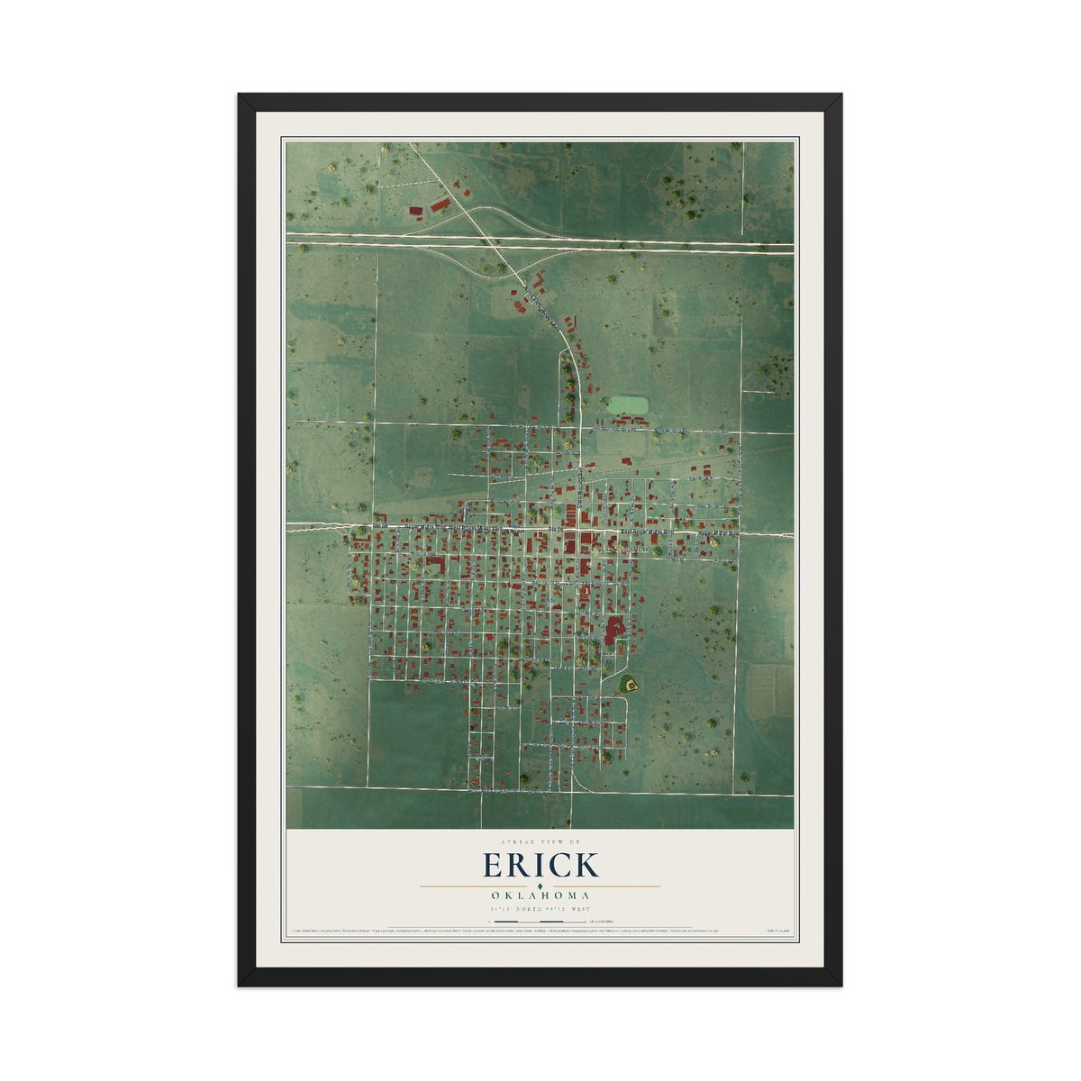 Map of Erick, Oklahoma, 12 x 18 inch print in a black wood frame