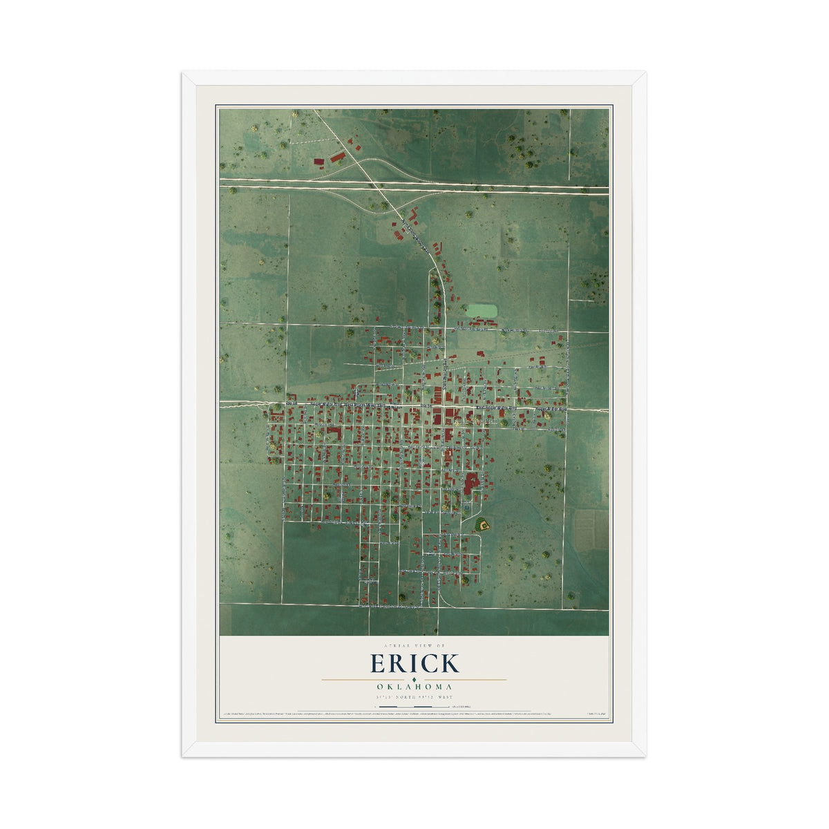 Map of Erick, Oklahoma, 12 x 18 inch print in a white wood frame