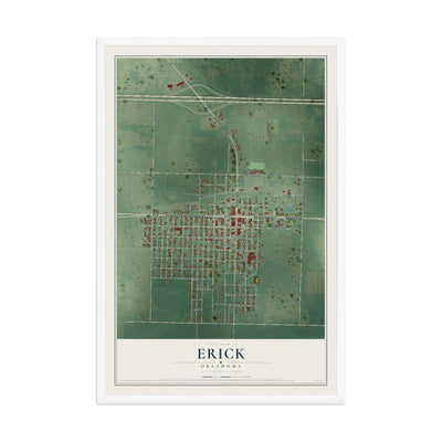 Map of Erick, Oklahoma, 12 x 18 inch print in a white wood frame