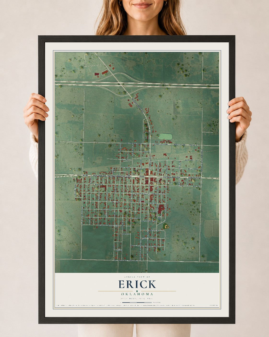 Map of Erick, Oklahoma, 24 x 36 inch print in a black wood frame