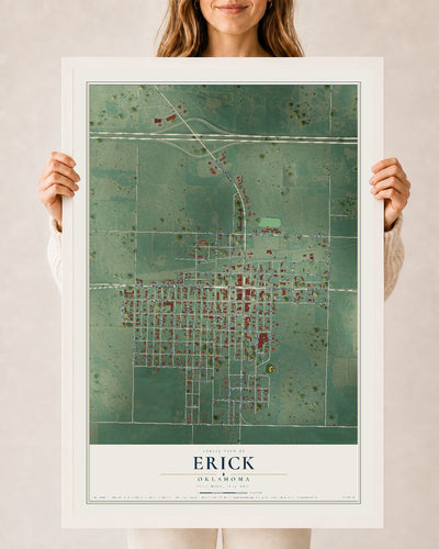 Map of Erick, Oklahoma, 24 x 36 inch print in a white wood frame