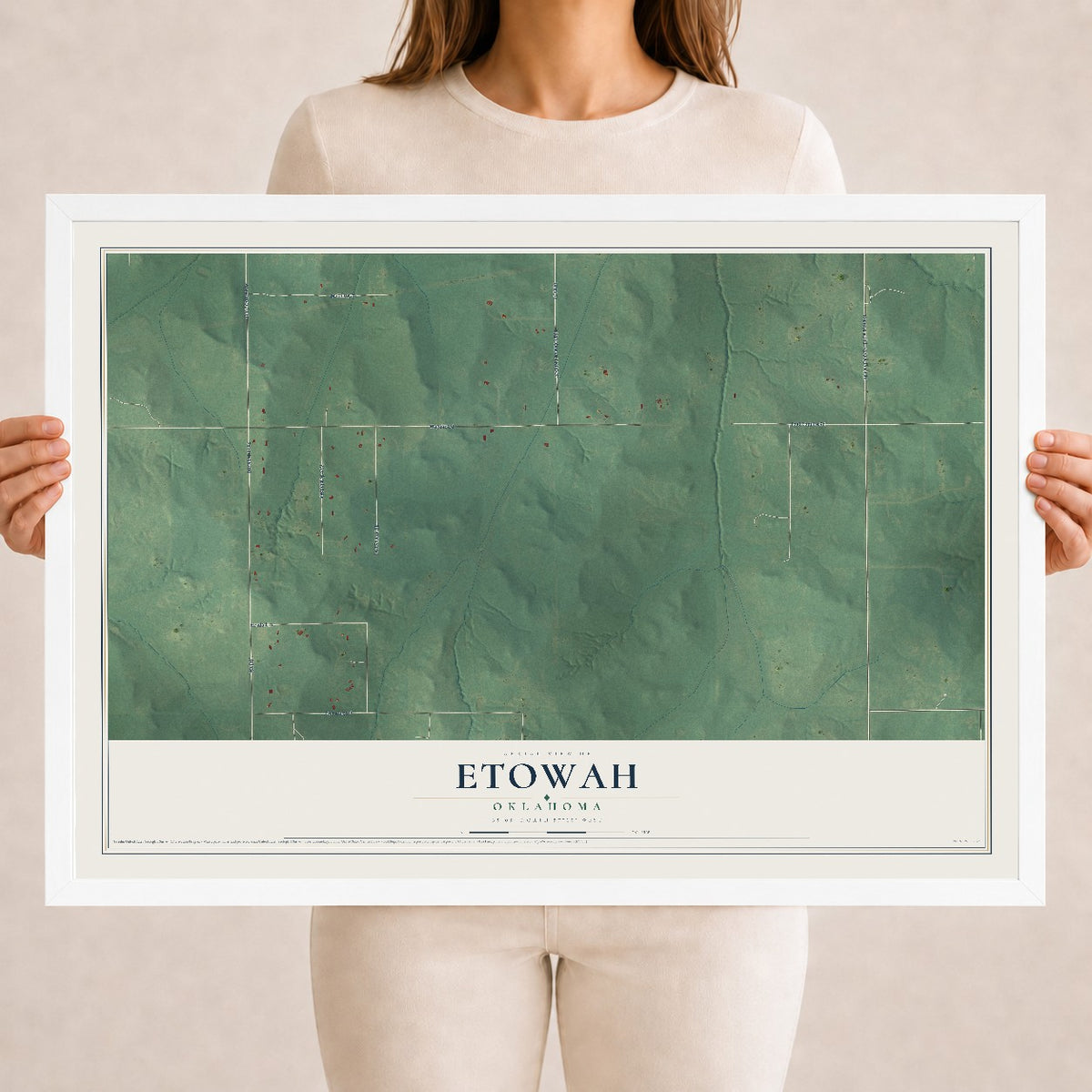 Map of Etowah, Oklahoma, 18 x 24 inch print in a white wood frame