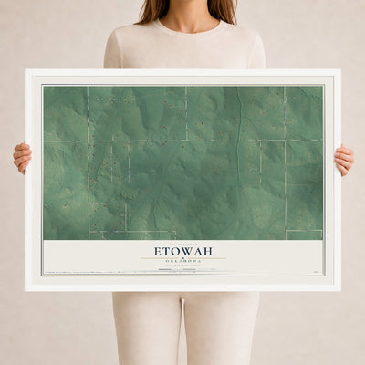 Map of Etowah, Oklahoma, 24 x 36 inch print in a white wood frame