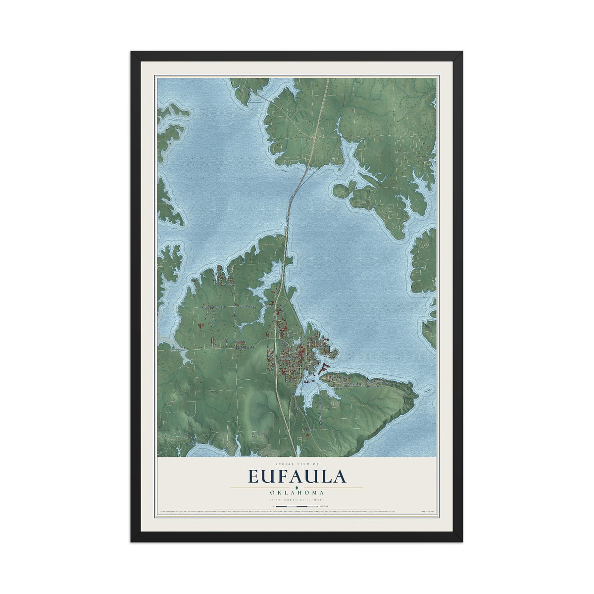 Map of Eufaula, Oklahoma, 12 x 18 inch print in a black wood frame