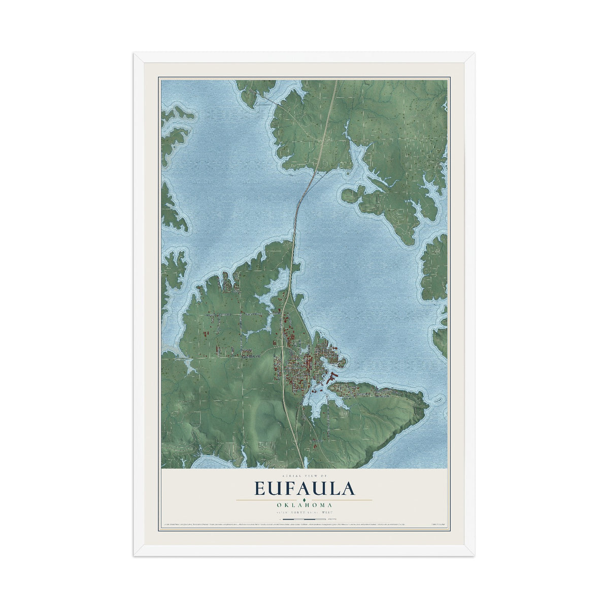 Map of Eufaula, Oklahoma, 12 x 18 inch print in a white wood frame