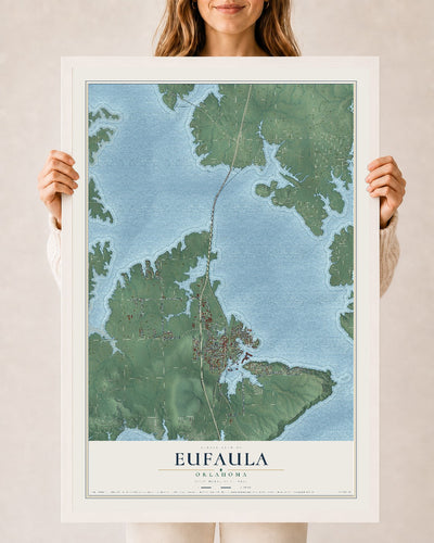 Map of Eufaula, Oklahoma, 24 x 36 inch print in a white wood frame