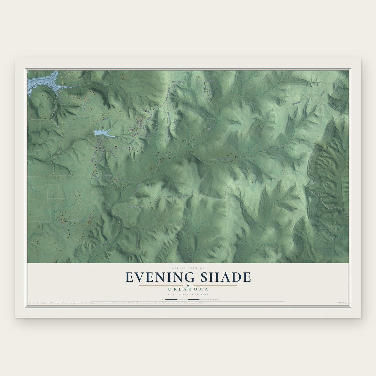 Evening Shade, Oklahoma map print, the full design
