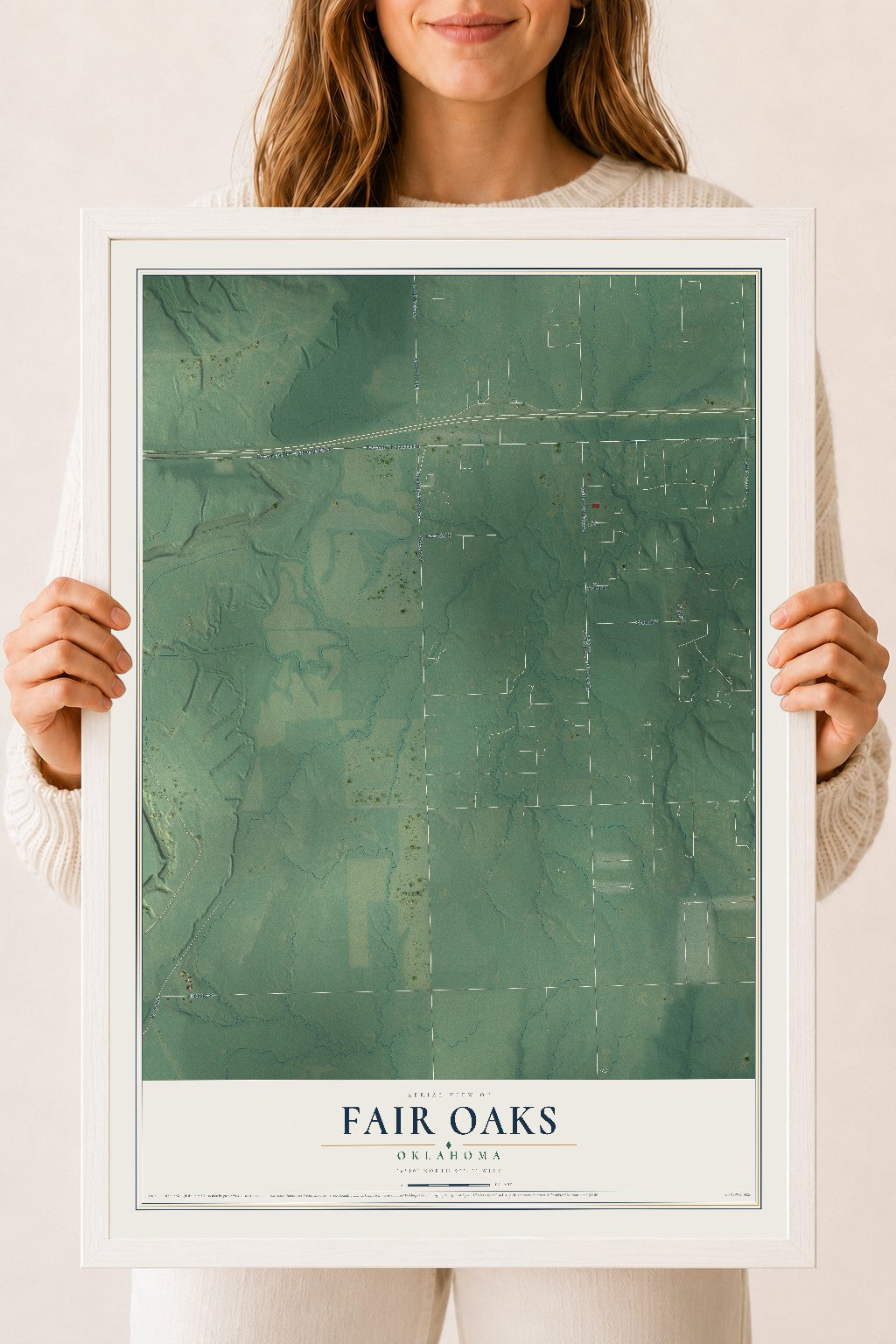 Map of Fair Oaks, Oklahoma, 18 x 24 inch print in a white wood frame