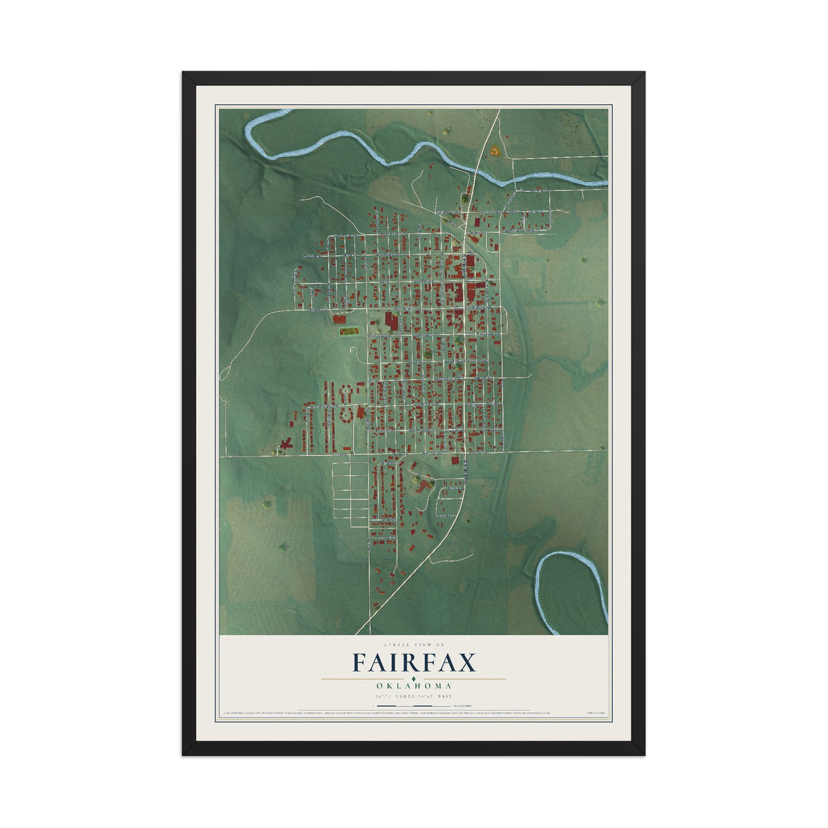 Map of Fairfax, Oklahoma, 12 x 18 inch print in a black wood frame
