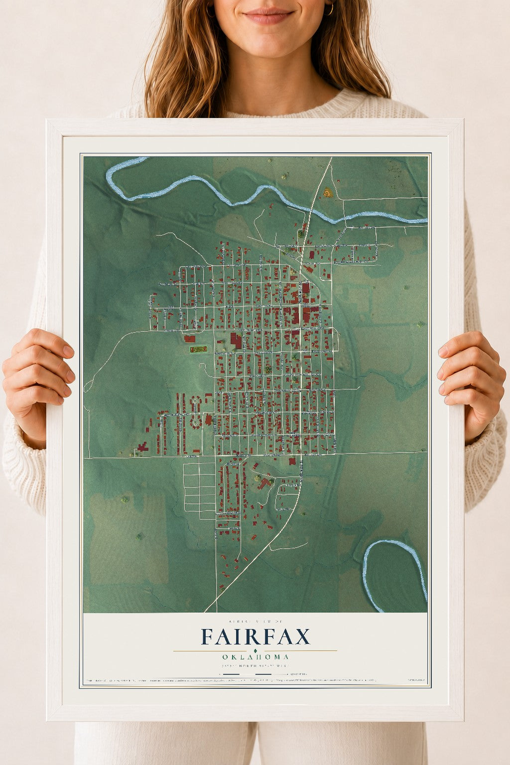 Map of Fairfax, Oklahoma, 18 x 24 inch print in a white wood frame