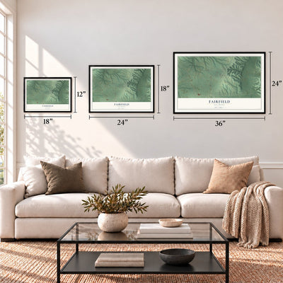 Fairfield, Oklahoma map in 12 x 18, 18 x 24 and 24 x 36 inch sizes above a sofa