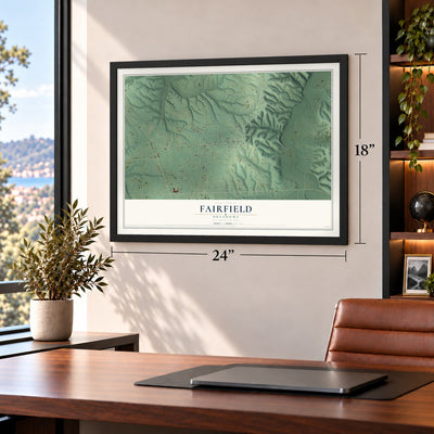 Fairfield, Oklahoma map, 18 x 24 inch print in a black frame in a home office