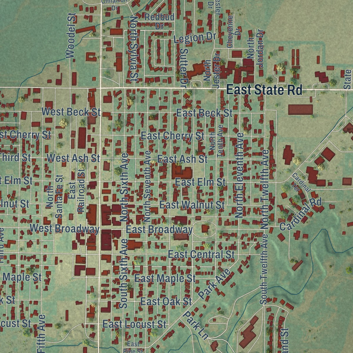 Close-up of the map of Fairview, Oklahoma print showing street and building detail
