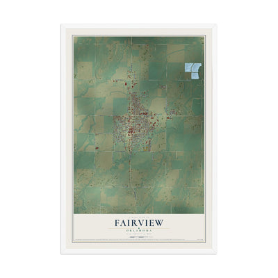Map of Fairview, Oklahoma, 12 x 18 inch print in a white wood frame