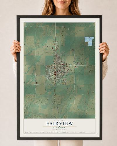 Map of Fairview, Oklahoma, 24 x 36 inch print in a black wood frame