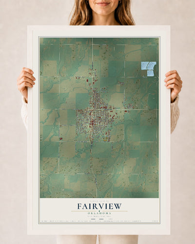 Map of Fairview, Oklahoma, 24 x 36 inch print in a white wood frame