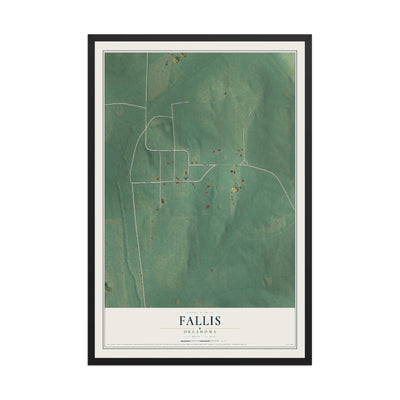 Map of Fallis, Oklahoma, 12 x 18 inch print in a black wood frame