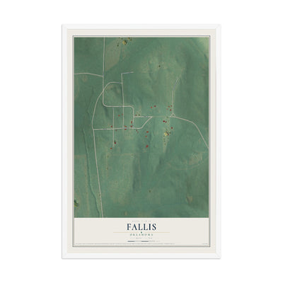 Map of Fallis, Oklahoma, 12 x 18 inch print in a white wood frame