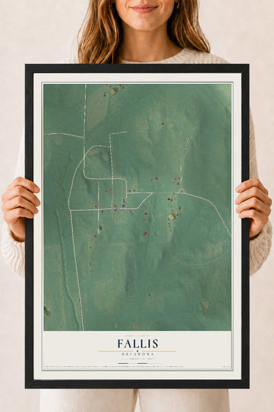 Map of Fallis, Oklahoma, 18 x 24 inch print in a black wood frame