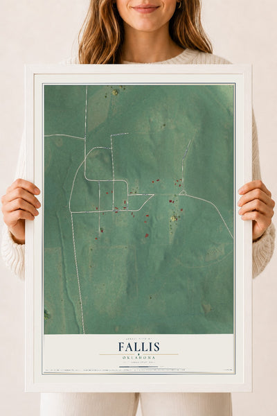 Map of Fallis, Oklahoma, 18 x 24 inch print in a white wood frame