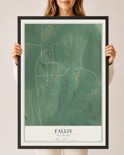 Map of Fallis, Oklahoma, 24 x 36 inch print in a black wood frame