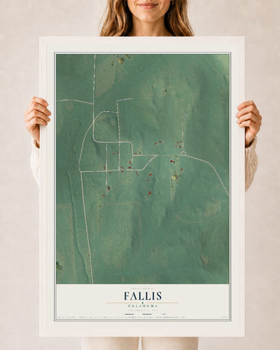Map of Fallis, Oklahoma, 24 x 36 inch print in a white wood frame