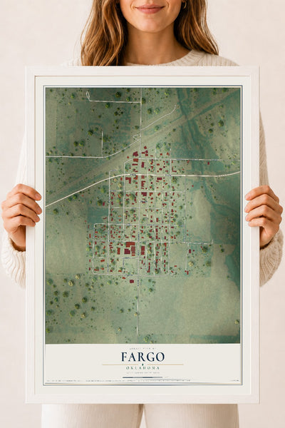 Map of Fargo, Oklahoma, 18 x 24 inch print in a white wood frame
