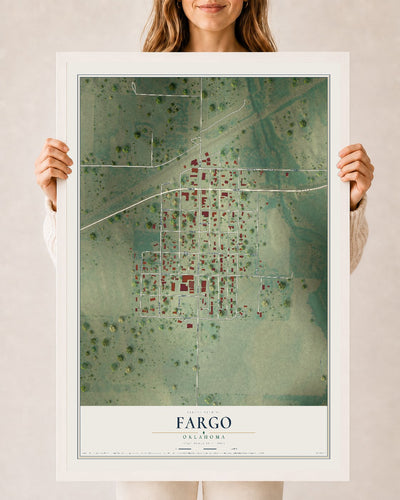 Map of Fargo, Oklahoma, 24 x 36 inch print in a white wood frame